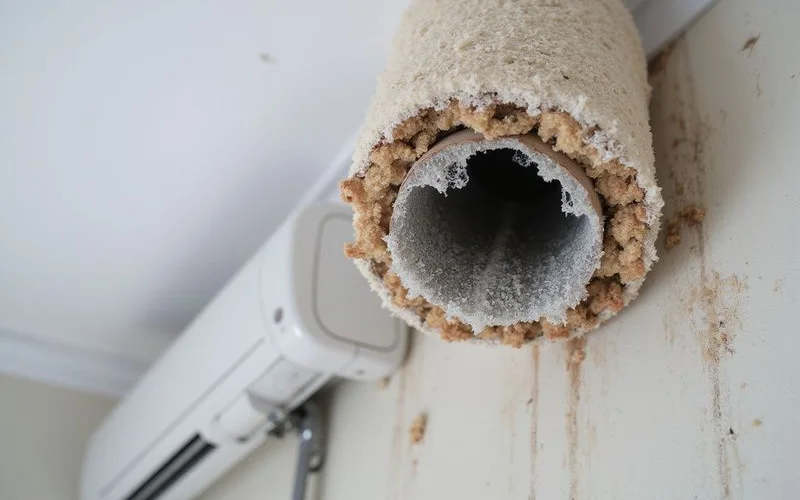 Damaged aircon pipe insulation showing condensation