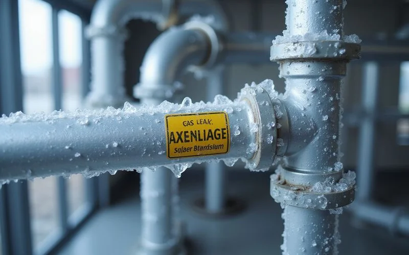 Ice formation on aircon pipes indicating gas leak