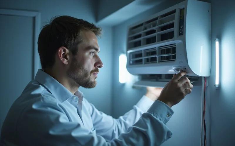 Technician diagnosing blinking aircon light