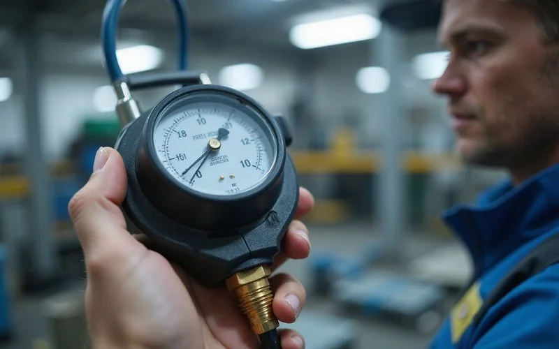 Technician testing refrigerant pressure gauge