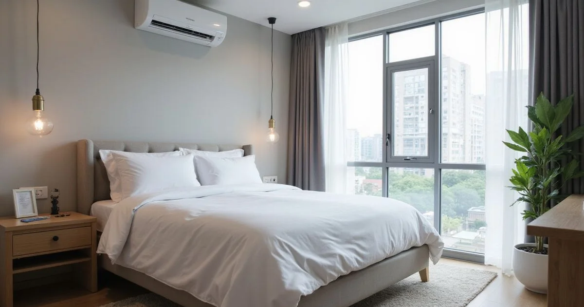 Bedroom with aircon set to optimal sleeping temperature